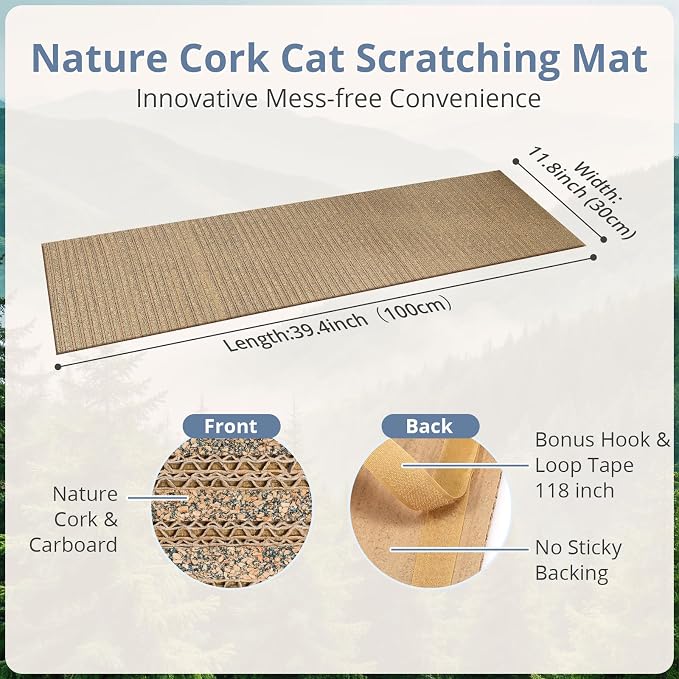 Natural Cork Cat Scratcher Mat with No Pre-Applied Adhesive, Bonus Hook-Loop Tape Included. Replacement for Cat Post, Scratcher, Ramp, Cat Whell and Pet Supplies. (Smoke Gray, 39.4 x 11.8 Inch)