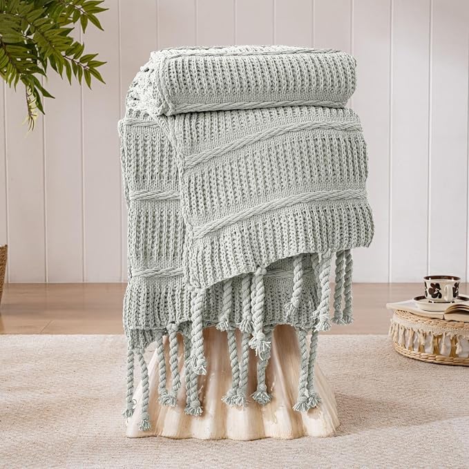 Boho Knitted Chenille Blanket with Tassels - Lightweight & Soft All-Season Throw - 3D Classic Pattern for Living Room Bedroom Couch, Silver Sage, Queen 90"x90"