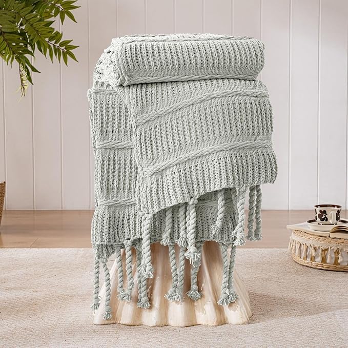 Boho Knitted Chenille Blanket with Tassels - Lightweight & Soft All-Season Throw - 3D Classic Pattern for Living Room Bedroom Couch, Silver Sage, Twin 60"x80"
