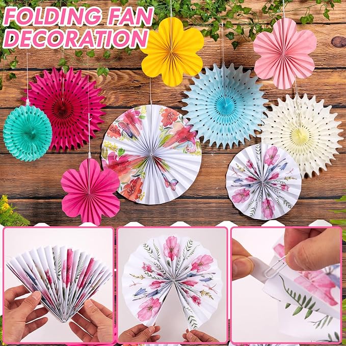 SUNBEAUTY Paper Flowers Decorations for Wall Tea Party Decoration Paper Fans Classroom Decoration Paper Floral Backdrop Decor for Valentines Day Mother's Day and Wedding, Set of 9