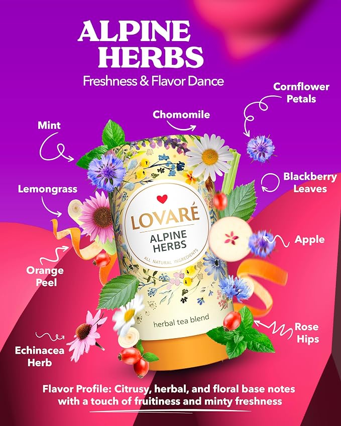 LOVARE Alpine Herbs Loose Leaf Tea 80 g - Made in Ukraine – Herbal tea blend, Lemongrass, Chamomile Flowers, Rose Hips, Orange Peel and Blossom, Blackberry Leaves, and More with 15 Paper Filters (Alpine Herbs)