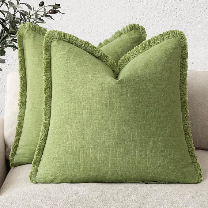 Foindtower Set of 2 Decorative Linen Fringe Throw Pillow Covers Cozy Boho Farmhouse Cushion Cover with Tassels Soft Accent Pillowcase for Couch Sofa Bed Living Room Home Decor,24×24 Inch,Lush Green