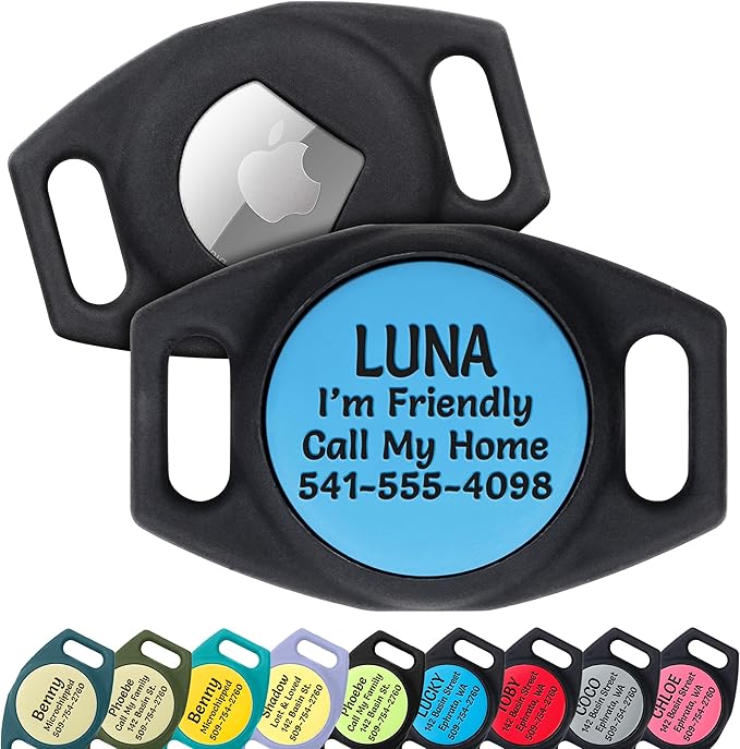 GoTags Personalized AirTag Dog Collar Holder, Engraved Tracker Case for Pet Collar, Custom Text with Phone Number, Slide On Tag for GPS Nameplate, Track Dogs with Apple iPhone, 4 Colors (Small)