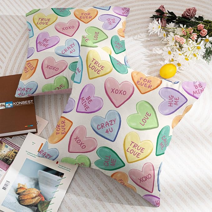 Valentine's Day Pillow Covers 24X24 Inch Set of 2 Colorful Cute Hearts Decorative Pillow Cases Candy Love Heart Anniversary Wedding Cushion Case Valentine Party Home Decor for Sofa Couch