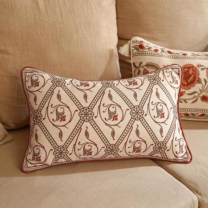 Designer Vintage French Linen Throw Pillow Cover,20"x12"-Albano D | Elegant Rectangle Pillow Cover,Concealed Zipper Design,Floral Pattern,Sofas,Bedroom,Living Room,Lounge Chairs,Decor