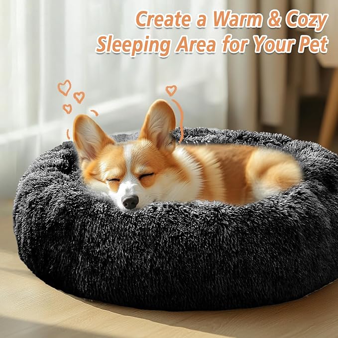 JOLLYVOGUE Calming Small Dog & Cat Bed for Indoor Cats - 20 inches Washable Donut Bed for Kittens & Puppies, Anti-Anxiety Round Fluffy Plush Pet Beds (Fits up to 15 lbs, Smoke Black)