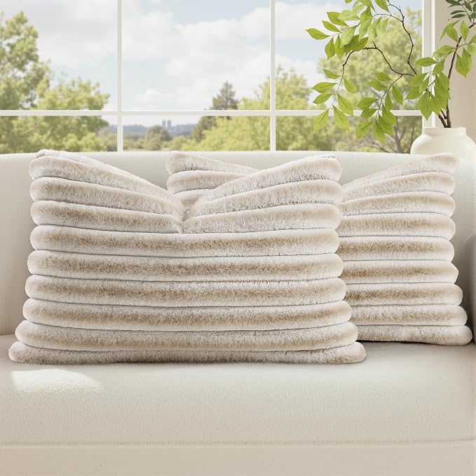 decorUhome Fall Faux Fur Throw Pillow Covers 12x20 Set of 2 Beige White | Decorative Soft Cozy Striped Plush Modern Farmhouse Boho Couch Pillow Cases Velvet Back for Sofa Bed Living Room Home Decor