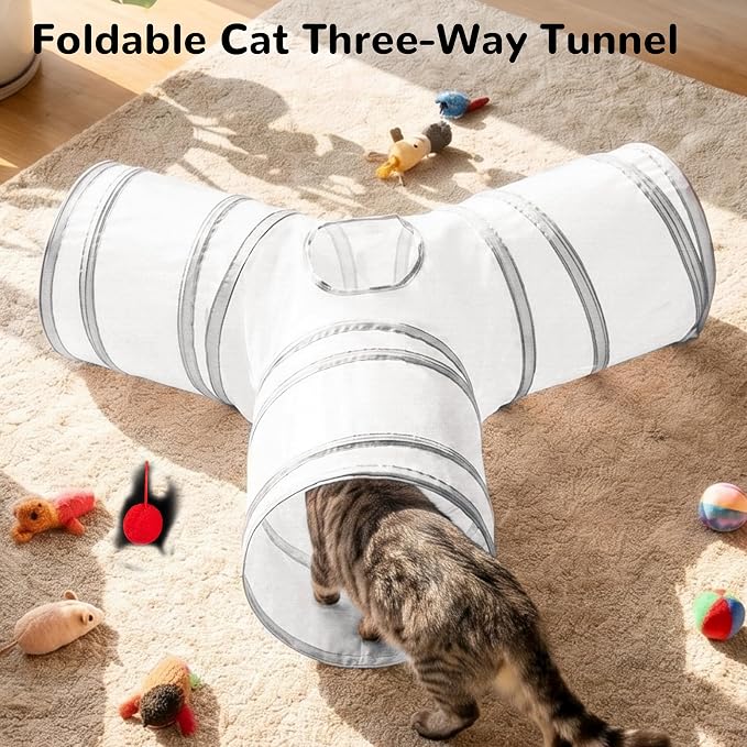 Tempcore Cat Tunnel, 3-Way Collapsible Toy for Indoor Cats, White & Grey