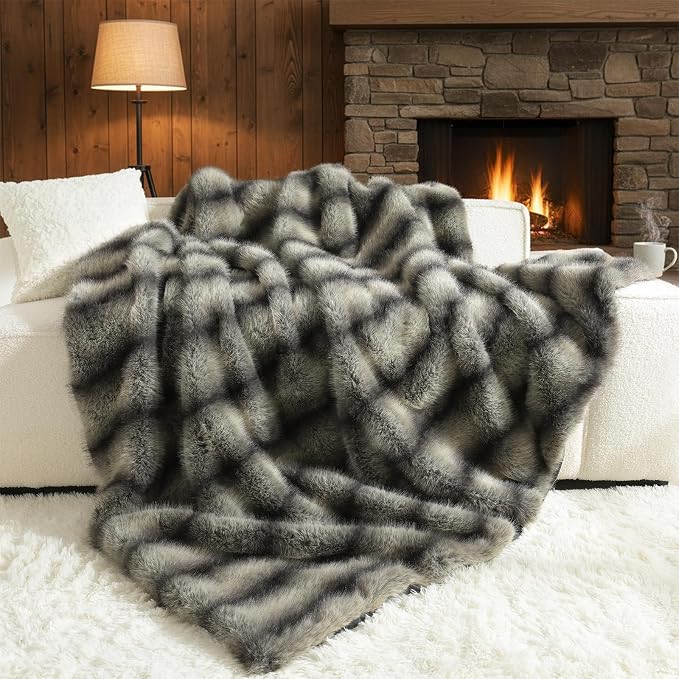 HORIMOTE HOME Luxury Faux Fur Throw Blanket, Non-Shedding 60"x80" Fur Blanket Throw, Ultra Soft Blankets for Bed, Couch and Sofa, Premium Soft, Thick Fluffy Throws, Grey Black Stripes
