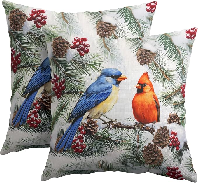 Kawani Pine Needles Birds Pillow Covers Set of 2, Xmas Pinecone Berry Branch Bird Cotton Linen Decorative Pillowcases Cushion Case for Couch Sofa Home Winter Holiday Decor 22x22 Inch