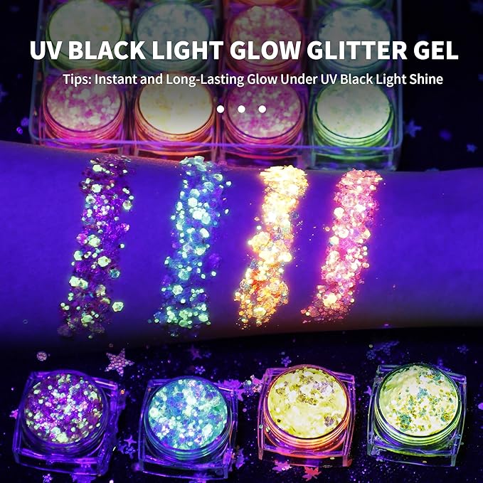 Glow in The Dark Body Face Glitter Gel for Women, 12 Colors Glitter Gel Makeup Chunky Fine Glitter, UV Black Light Accessories for Body/Face/Hair/Eyeshadow, Carnival Party(Not Loose Glitter)