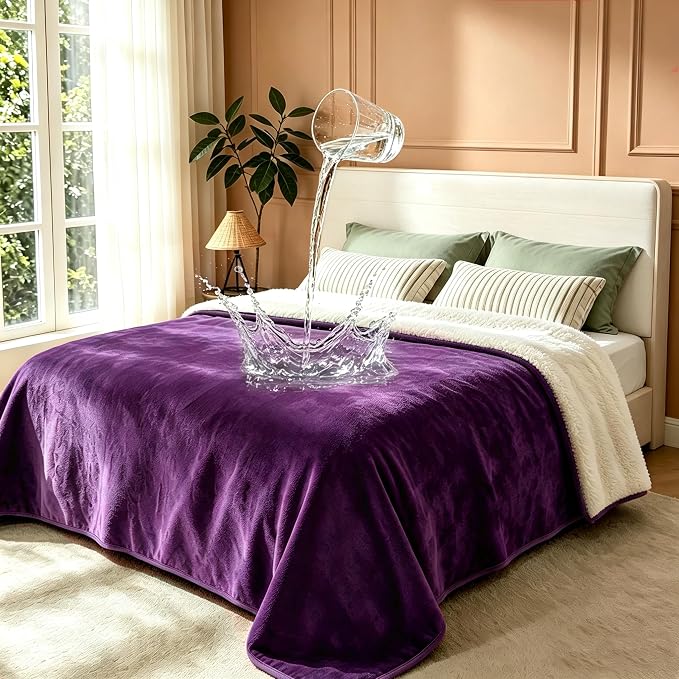 gogobunny Waterproof Bed Blanket, Reversible Sherpa Fleece Throw Blanket for Dog Puppy Cat, Furniture Cover Protects Bed Couch Sofa from Liquid Pee and Pet Fur (Dark Purple, 50x60 inches)