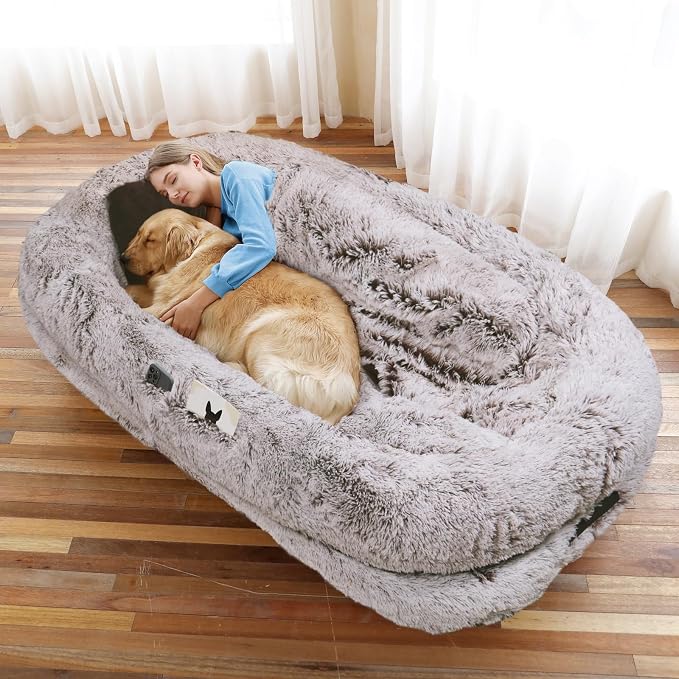 WROS Human Dog Bed for Adult, 71"x45"x12" Giant Calming Nest Bed, RustWhite | Washable Soft Faux Fur Cover, Orthopedic Foam Support, Non-slip Bottom, Includes Blanket, Strap & Pillow