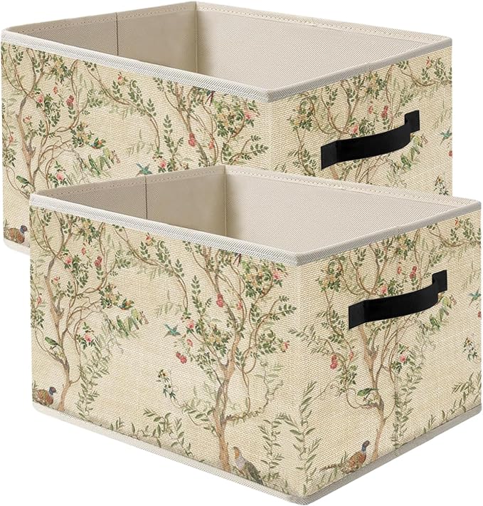 Vintage Beige Chinoiserie Floral Botanical Storage Bin Box with Handles, Cottagecore Aesthetic Foldable Organizer Basket Toybox for Girls Room Bedroom Bathroom Clothes Toys Books, Set of 2