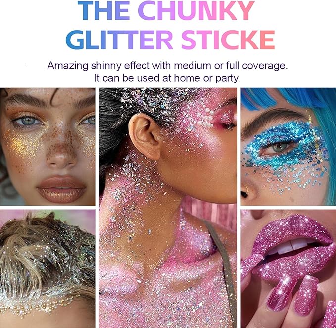 2Pcs Body Glitter Gel,Silver Gold Chunky Sparkling Glitter Stick,Waterproof Lasting Sparkling Body Gel Sequins,Face Hair Nail Festival Glitter Make Up for Halloween Birthday Makeup Party