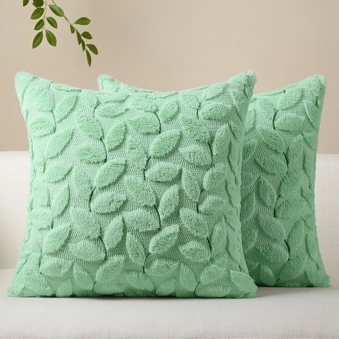 Softalker Spring Summer Throw Pillow Covers 18 x 18 Inch Set of 2, Green Leaves Soft Plush Faux Fur Cushion Covers, 3D Embroidered Pillow Cases for Couch Bedroom Living Sofa Room Home Decor, Sage