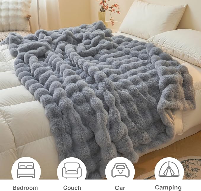LIFEREVO Luxury Fluffy Faux Rabbit Fur Throw Blanket 60x80, Gray | Plush Fuzzy Bubble Lap Throw for Couch Sofa Office, Soft Cozy Furry Bed Blanket Home Decoration, Washable & Skin-friendly
