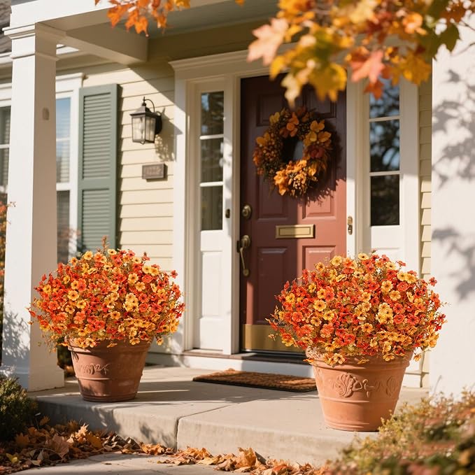 24 Pcs Artificial Fall Flowers, Fake Mums Outdoor, Mixed Orange | Lifelike faux mums, silk flower, UV resistant, no-maintenance, for autumn Thanksgiving garden porch yard indoor outdoor decor