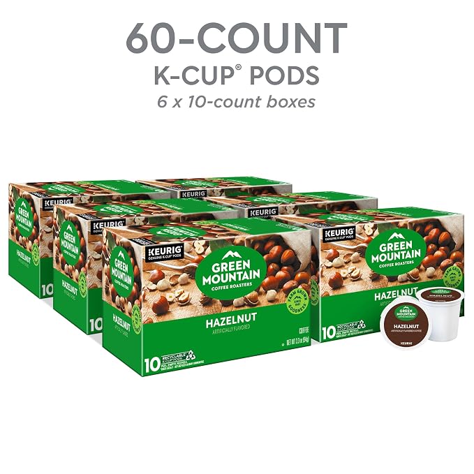 Green Mountain Coffee Roasters Hazelnut, Keurig Single Serve K-Cup Pods, Light Roast Coffee, 60 Count, (6 Packs of 10)