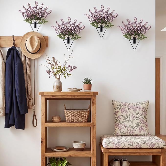 Hanaive 4 Sets Boho Wall Decor Metal Wall Art Hanging Planters with Artificial Pampas Display Modern Home Vase for Bedroom Home Office(Elegant,Light Purple)