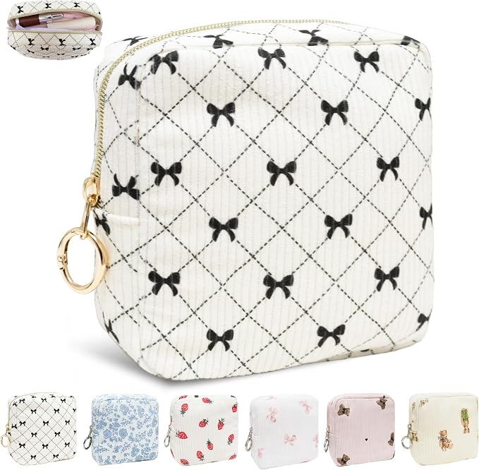 Period Bag for Girls, Corduroy Period Kit with Sanitary Pad Pouch, Menstrual Storage Bag and Tampon Holder for Purse, Girls School Essentials,Feminine Care Organizer(Black Bow)
