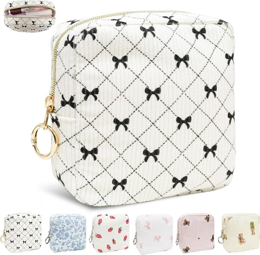Period Bag for Girls, Corduroy Period Kit with Sanitary Pad Pouch, Menstrual Storage Bag and Tampon Holder for Purse, Girls School Essentials,Feminine Care Organizer(Black Bow)