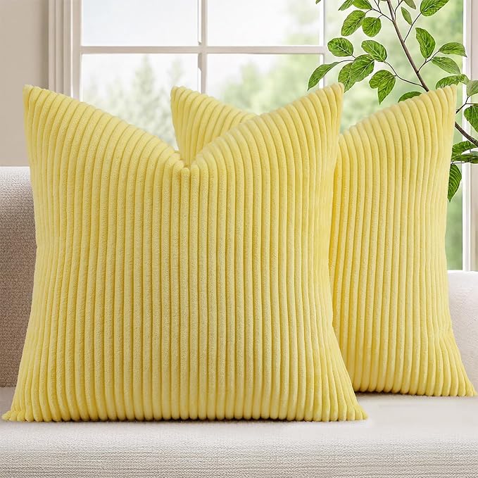 Mecatny Corduroy Throw Pillow Covers 24x24 Set of 2 Sundress Yellow | Soft Striped Texture, Hidden Zipper Design, Neutral Boho Square Pillow Cases for Sofa Couch Living Room Bedroom, Home Décor