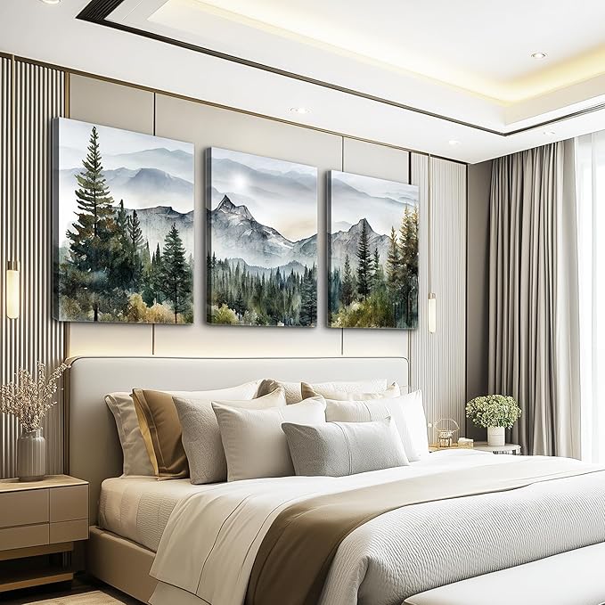 MHARTK66 Large Size Wall Art for Living Room Modern Wall Decor for Bedroom Office Decor Abstract Mountain Forest Landscapes Ink Painting 3 Piece Framed Canvas Art Prints Ready to Hang Wall Pictures