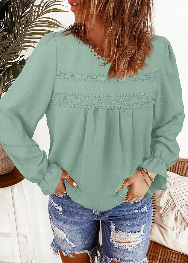 Womens Boho Tops Long Sleeve Shirts For Women Cute Crewneck Blouse Dressy Casual Swiss Dot Crochet Hollow Top 2026