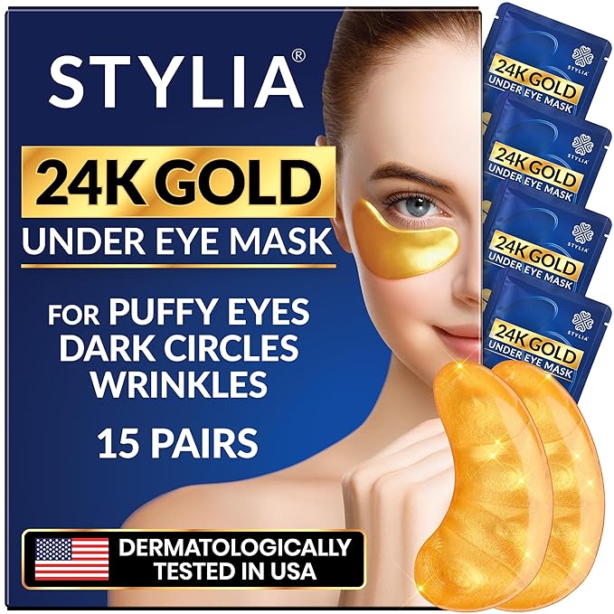 Stylia Under Eye Patches for Puffy Eyes and Dark Circles (15 Pairs) - 24k Gold Under Eye Mask with Vitamin C, Hyaluronic Acid, Pearl Extract - Eye Masks for Dark Circles and Puffiness