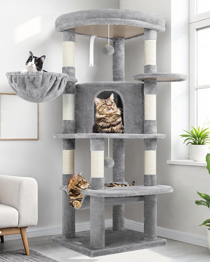 Globlazer Corner Cat Tree Tower with Scratching Post, C51, Light Grey | 51in Space-Saving Multi-Level Cat Condo for Indoor Cats with Hammock, Large Top Perch for Large Cats, Cozy Cat Cave