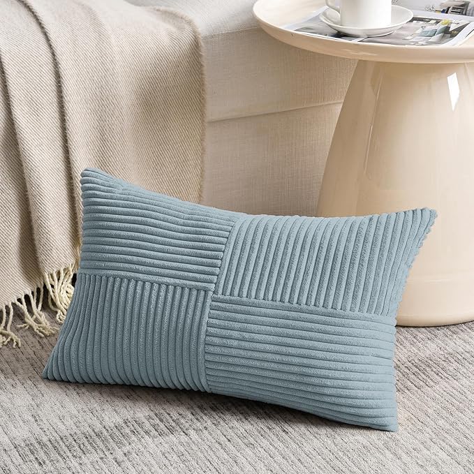 Fancy Homi Set of 2, Light Blue Patchwork Corduroy Decorative Soft Striped Modern Accent Cushion Case Farmhouse Boho Neutral Throw Pillow Covers for Chair Couch Bed Sofa Living Room 32x16 Inch