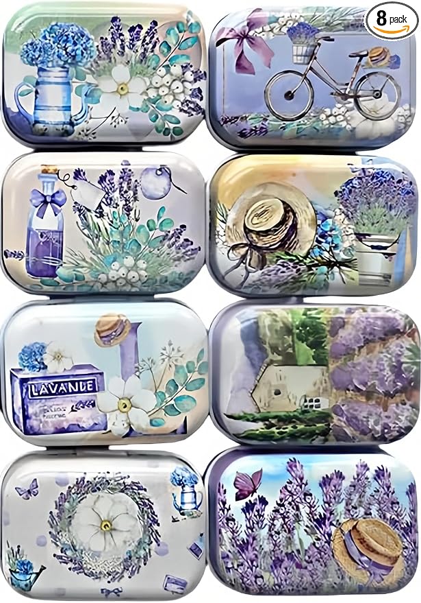 8Pcs Metal Hinged Tin Box Container Floral Farmhouse Rustic Mini Portable Small Storage Container Kit with Lid for Home Storage 2.1x1.5x1 Inch (Purple)