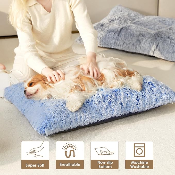 EHEYCIGA Fluffy Dog Crate Bed, Plush Extra Large Dog Pillow, Blue | Xlarge Calming Anti Anxiety Plush Faux Fur Mat for Large size dogs, Washable Soft Warm Dog Pad with Non-Slip Bottom
