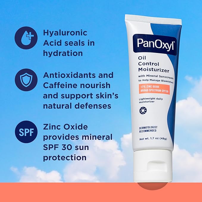 PanOxyl AM Oil Control Moisturizer, NEW Sheer Formula, Absorbs Excess Oil and Reduces Shine, with Mineral Sunscreen for Acne Prone and Oily And All Skin Tones - 1.7 oz (Pack of 2)
