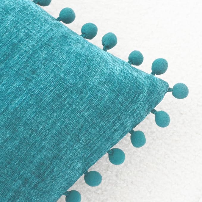 CaliTime Decorative Couch Throw Pillow Covers 16 X 16 Inches Lake Blue | Pack of 2, Cozy Chenille Cushion Cases, with Pom Poms for Sofa Bed Living Room Farmhouse Home