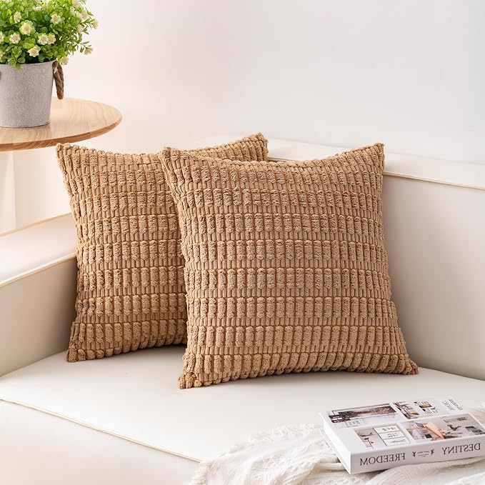 Aegero Pack of 2 Corduroy Decorative Throw Pillow Covers 26x26 Inch, Coffee | Fall Soft Striped Pillow Covers Modern Farmhouse Home Decor Christmas Throw Pillow Covers for Sofa Living Room Couch Bed