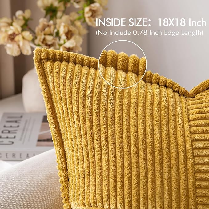 MIULEE Decorative Throw Pillow Covers for Couch 18x18 Inch Mustard Yellow | Boho Broadside Striped Patchwork Pillow Covers, Soft Corduroy Cushion Cases, For Sofa Bed Livingroom Home Decor