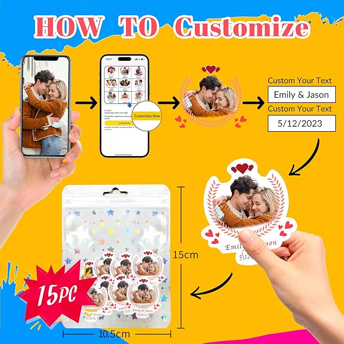 Easycosy Custom Temporary Tattoos with Photos, Personalized Funny Face Temporary Tattoos, Party Favors for Boyfriend & Girlfriend, set of 15