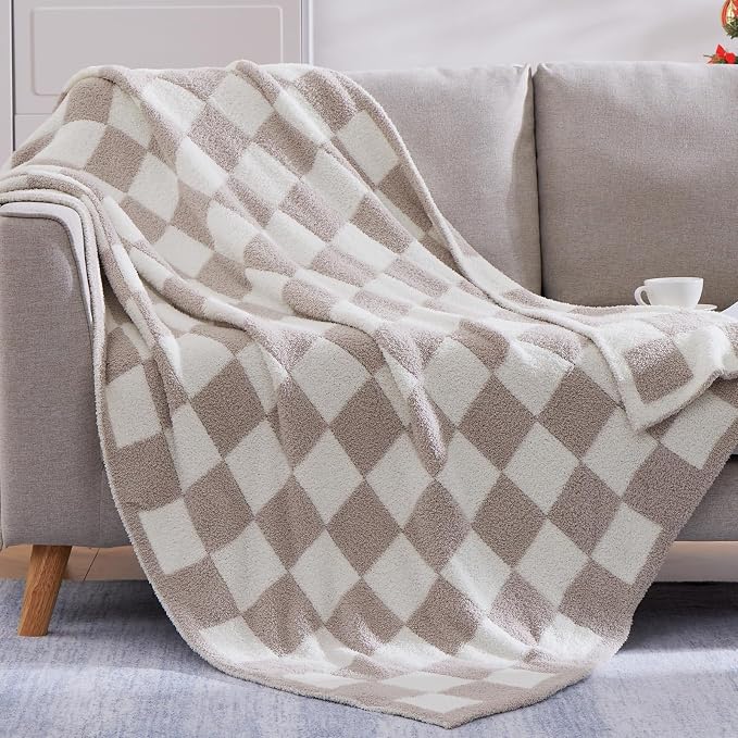 Soft Twin Size Checkered Blanket for Bed-Cozy Knitted Blankets | Lightweight Fluffy Warm Decor for Women, Mom, Her & Girls, Sofa, Chair, Couch, 60x80in, Taupe