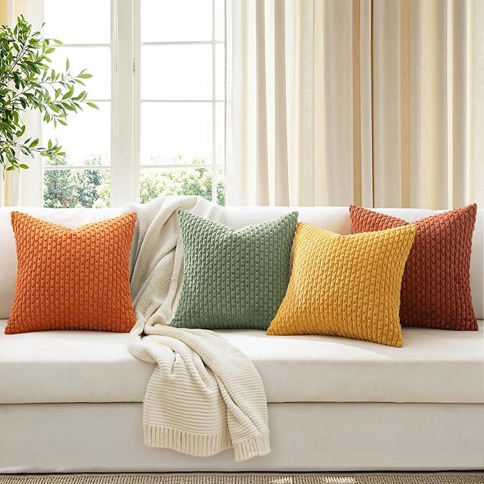 MIULEE Fall Burnt Orange Decorative Throw Pillow Covers 18x18 Set of 4 | Modern Striped Cushion Covers Soft Corduroy Pillowcase Autumn Terracotta Home Decor for Bed Sofa Living Room
