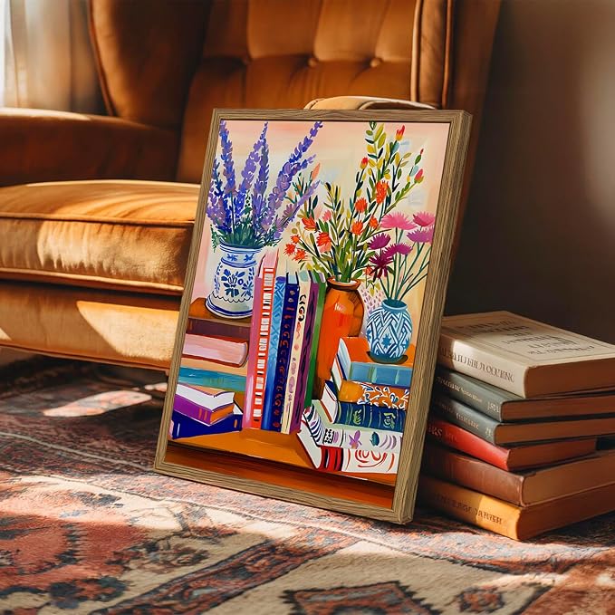 Vintage Floral Book Wall Art Color Book Still Life Wall Decor Painting Pictures Fashion Flower Bookshelf Poster Canvas Print Artwork for Bedroom Living Room 16x24 inch Wood Framed