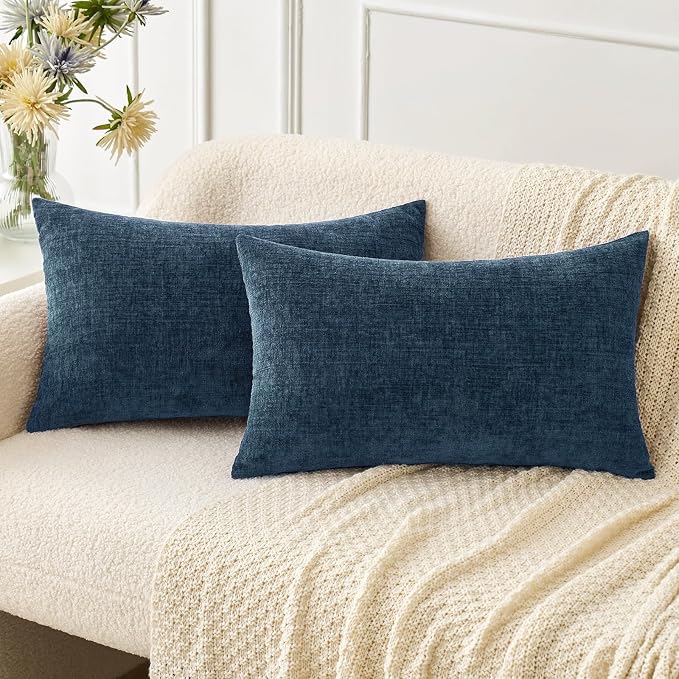 MIULEE Soft Chenille Lumbar Throw Pillow Covers Blue 12x20 Inch Pack of 2 | Modern Coastal Home Decor, Classic Decorative Pillows, Solid Dyed Cases, Boho Couch Cushion Covers for Sofa Bed Living Room