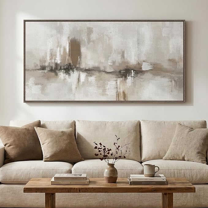 Large Framed Neutral Abstract Wall Art for Living Room, Horizontal Beige Gray Canvas Prints Paintings Artwork for Walls, Modern Minimalist Pictures Wall Decor for Bedroom Dining Room Office 60x30 In
