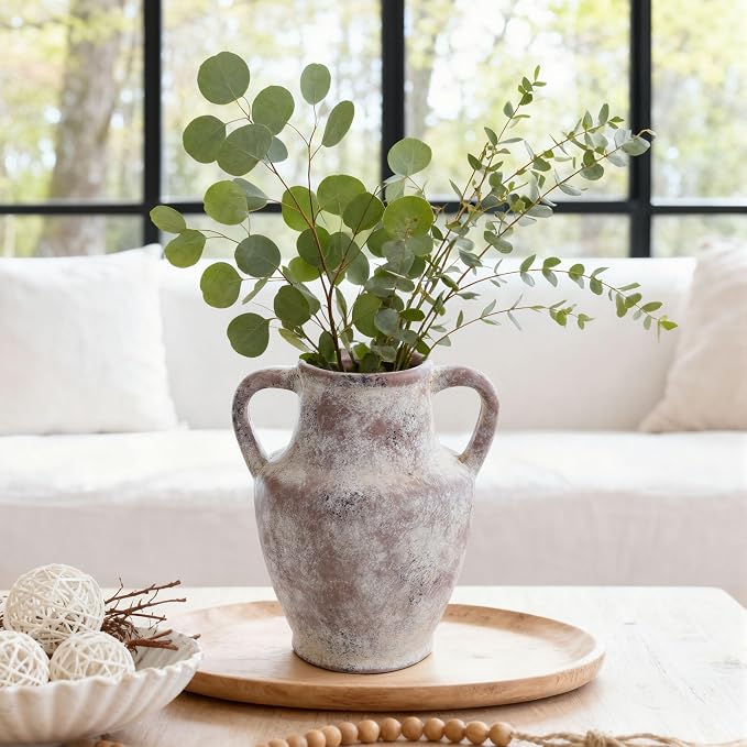 Ceramic Flower Vase with Handles, 8.66 inch Tall Clay Decorative Vases Farmhouse Rustic Vases Pottery Vases for Home Decor Living Room Table Centerpiece Bookshelf Coffee Desk Fireplace, Terracotta