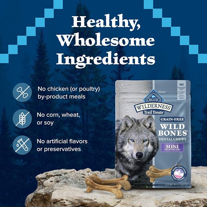 Blue Buffalo Wilderness Mini Dog Dental Chews, Grain-Free, 27 oz | Reduces Tartar & Plaque, Freshens Breath, Sized for Dogs 5-15 lbs., No Artificial Preservatives