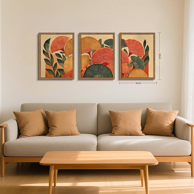Framed Colorful Botanical Wall Art Set of 3, Vintage Ginkgo Leaves Canvas Wall Decor Paintings, Mid Century Abstract Flowers Posters Prints Pictures for Living Room Bedroom Bathroom 16x24 Inch