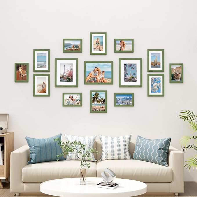 Vittanly 15 Pack Picture Frames Collage Wall Decor, Wall/Tabletop Display | Rustic Green, Multi-Size Gallery Wall Frame Set: 3pcs 8x10, 6pcs 5x7, 6pcs 4x6. Picture Frame Set for Family