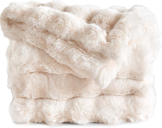 Luxury Faux Rabbit Fur Throw Blanket, Soft Bubble Fluffy Blanket Cozy Fuzzy Throw Blankets for Bed Sofa Couch, Decorative Thick Warm Plush Fuzzy Elegant Soft Mink Blanket (50" x 60",Cream White)