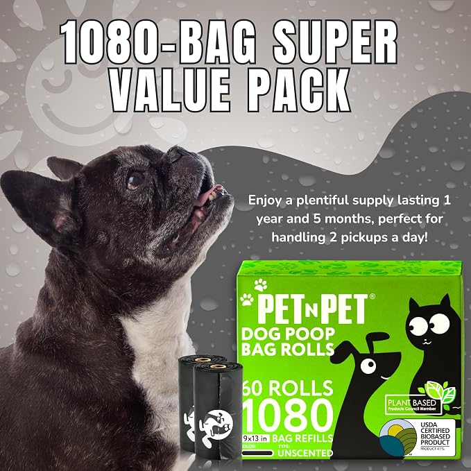 Pet N Pet Poop Bags for Dogs, 1080 Count, Plant Based, Black 9x13 Thick | 41%, 59% PE, Extra, Rolls, Unscented, Waste, Leak-Resistant, Tear-Resistant, Easy-Tear Design, Durable, dog waste bags